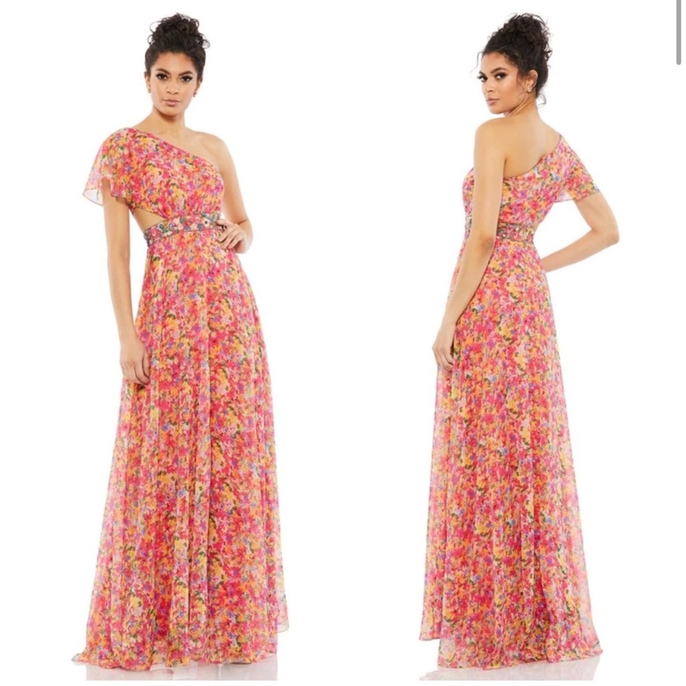 Mac Duggal One-Shoulder Floral Maxi Dress in Pink and Yellow